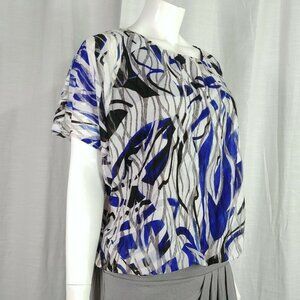 Alfani Petite Blouse Blue Multi Printed Mesh Sz PL